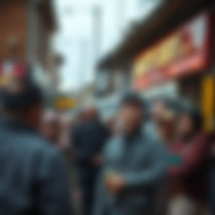 Community Gathering Reflecting Local Culture A community gathering near a lottery shop, reflecting local culture