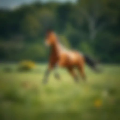 A serene landscape showcasing a horse galloping in a lush green field.