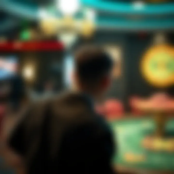 A contemplative figure looking at a blurred casino background