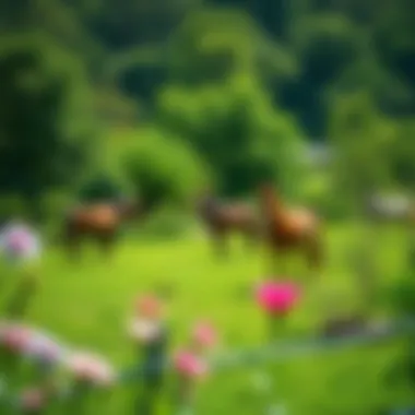 A vibrant landscape of Jeju Horse Park with lush greenery and horses