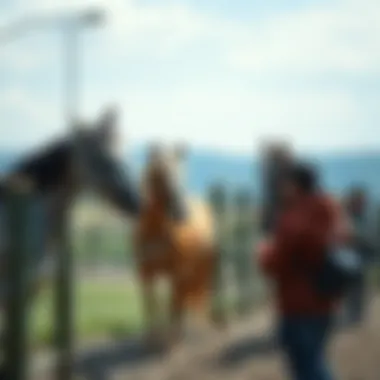 Visitors engaging with horses in a serene environment at Jeju Horse Park
