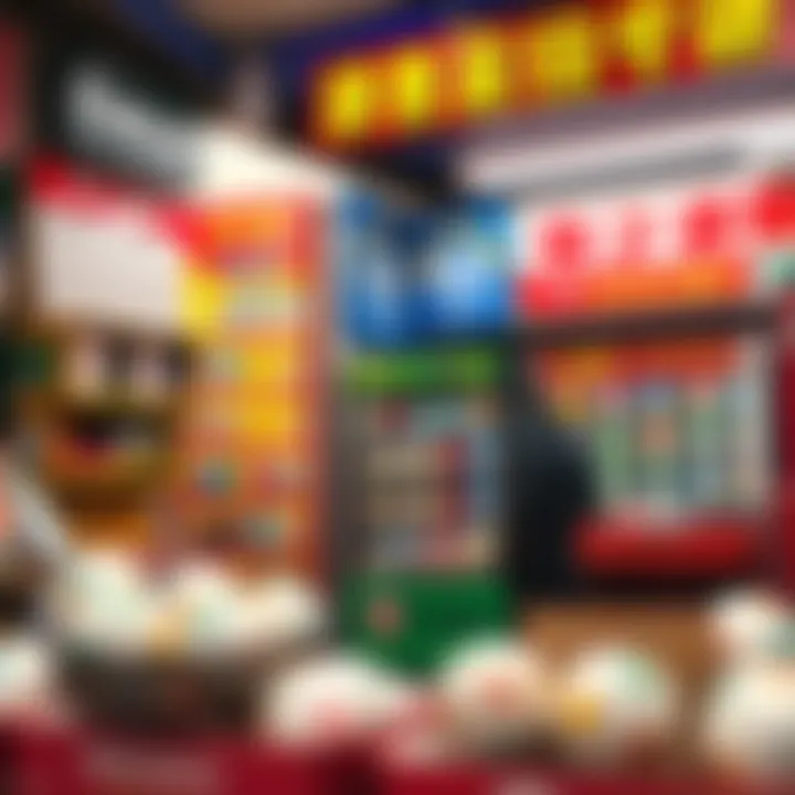 A vibrant lottery shop showcasing diverse lottery options and colorful signage