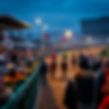 A racetrack bustling with enthusiasts and horses