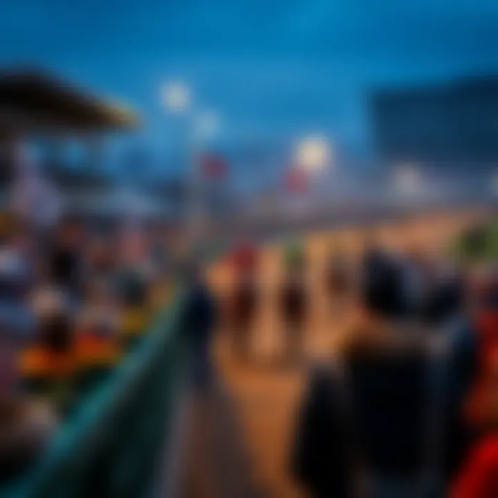 A racetrack bustling with enthusiasts and horses